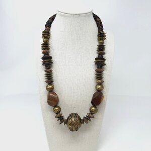 Vintage Chunky Wood and Brass Beaded Statement Necklace Boho Hippie